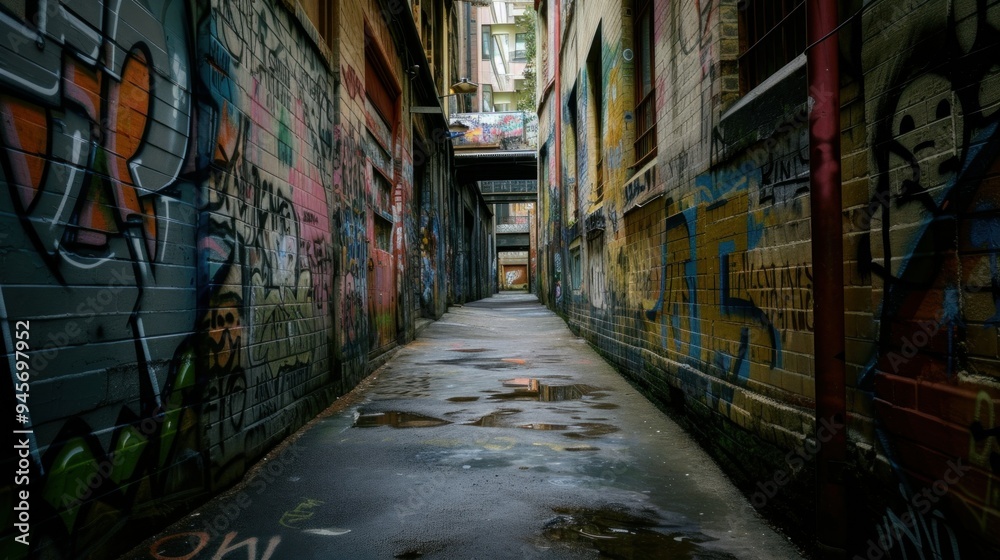 Fototapeta premium A narrow alleyway filled with graffiti on building walls