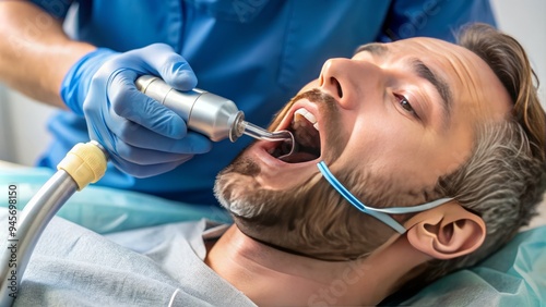 A close-up view of a laryngoscope and endotracheal tube inserted into a patient's mouth, highlighting precise airway management during medical emergency or surgical procedures. photo