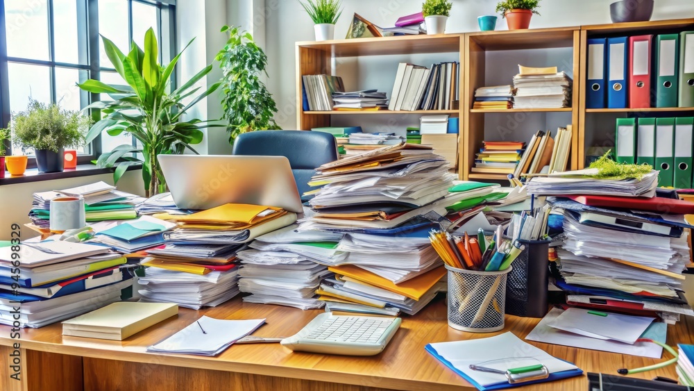 A cluttered desk overflows with important documents, files, and office supplies, emphasizing the complex and overwhelming nature of pressing professional and personal matters. A cluttered desk overflows with important documents, files, and office supplies, emphasizing the complex and overwhelming nature of pressing professional and personal matters.