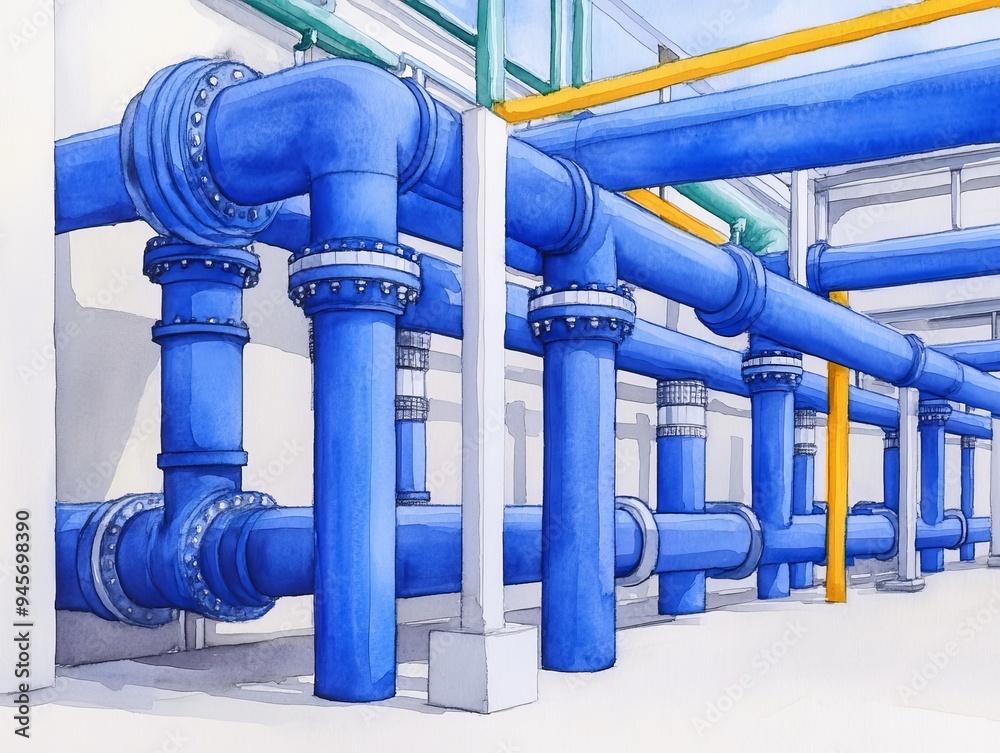 A network of blue pipes with various fittings and valves, against a white wall. The pipes are interconnected and run horizontally and vertically. A network of blue pipes with various fittings and valves, against a white wall. The pipes are interconnected and run horizontally and vertically.