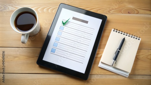 A clutter-free desk with a tablet displaying an invoice, a pen lying adjacent, and a simple checkbox ticked, signifying swift and efficient approval process. photo