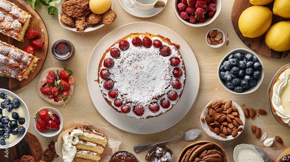 Arranged breakfast or bakery items, including a cake, on a kitchen table with extra space for text. This image captures the essence of preparing and enjoying nutritious meals in a domestic setting Arranged breakfast or bakery items, including a cake, on a kitchen table with extra space for text. This image captures the essence of preparing and enjoying nutritious meals in a domestic setting