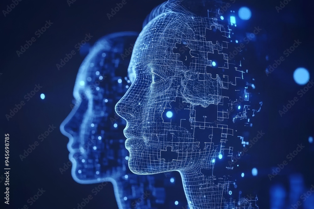 Abstract digital illustration of two profiles with digital neural connections representing the integration of technology with human thought and intelligence in a futuristic context Abstract digital illustration of two profiles with digital neural connections representing the integration of technology with human thought and intelligence in a futuristic context