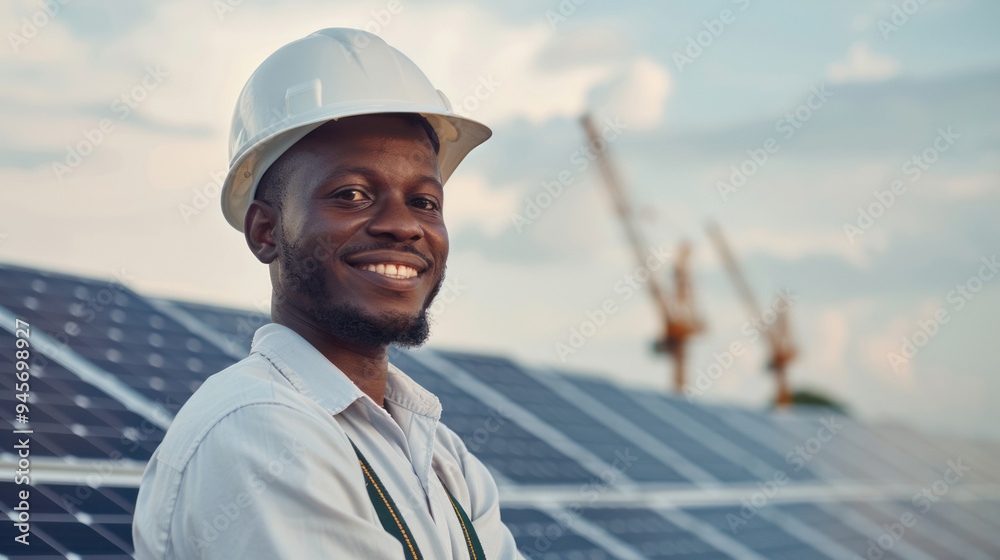 Happy African builder in a white helmet smiling. Dressed in a white shirt and standing in front of a solar panel construction site. Happy African builder in a white helmet smiling. Dressed in a white shirt and standing in front of a solar panel construction site.