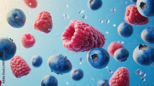 Floating Raspberries and Blueberries with Water Droplets