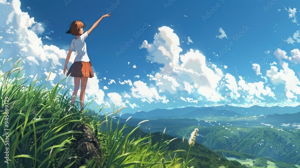 cartoon cute anime girl standing on a hill pointing to the next road to ...