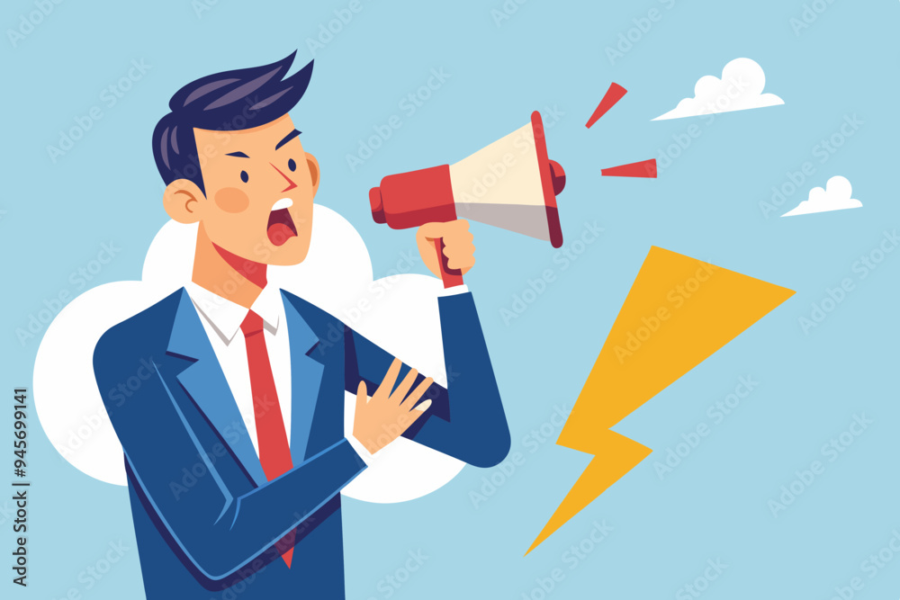 Shouting warning message, caution or alert attention, safety or danger announcement, risk or important information, beware or careful sign, businessman shouting on megaphone with exclamation sign.
