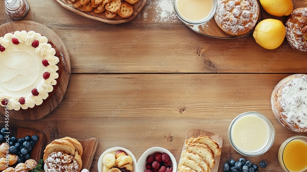 Arranged breakfast or bakery items, including a cake, on a kitchen table with extra space for text. This image captures the essence of preparing and enjoying nutritious meals in a domestic setting Arranged breakfast or bakery items, including a cake, on a kitchen table with extra space for text. This image captures the essence of preparing and enjoying nutritious meals in a domestic setting