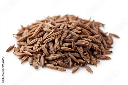 A pile of brown cumin seeds on a white background.