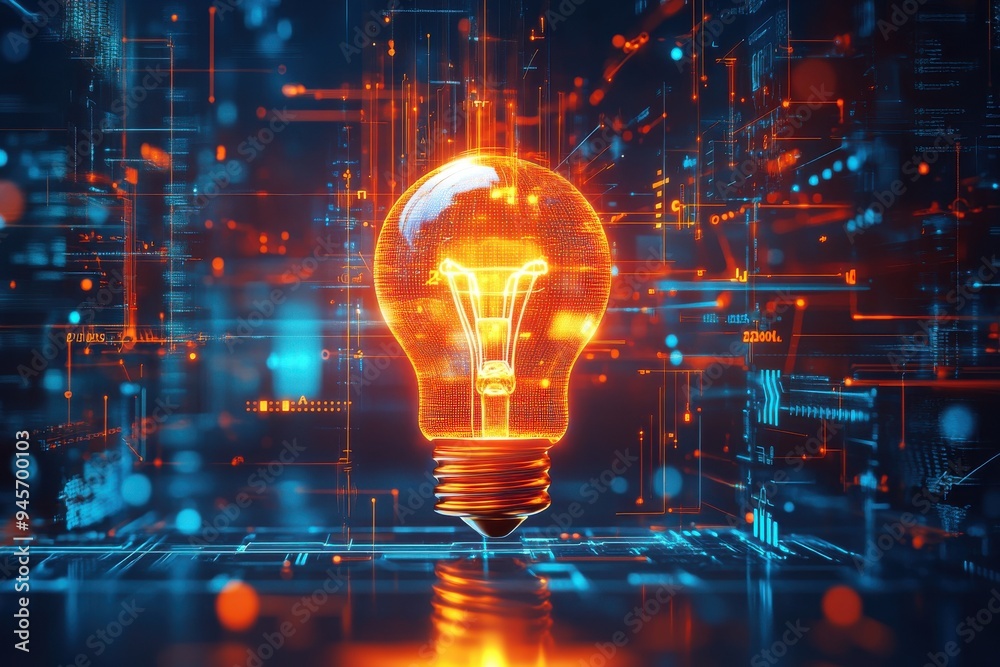 A conceptual digital illustration featuring a glowing lightbulb at the center, surrounded by abstract data, graphs, and circuitry A conceptual digital illustration featuring a glowing lightbulb at the center, surrounded by abstract data, graphs, and circuitry