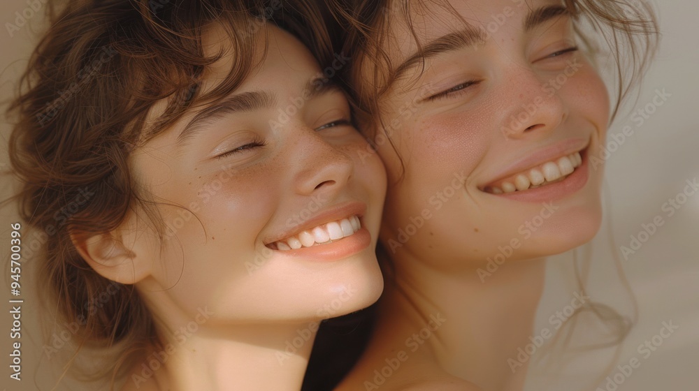 Two happy women in stylish swimsuits standing next to each other looking at the camera with beaming smiles as they enjoy a sunny day at the beach and tropical ocean background. Two happy women in stylish swimsuits standing next to each other looking at the camera with beaming smiles as they enjoy a sunny day at the beach and tropical ocean background.