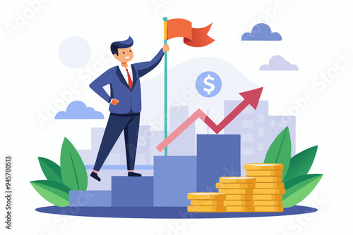 Financial success, profit or compound interest to grow investment fund and reach goal, income or wealth accumulation, stock market earning concept, businessman holding success flag on money stack.

