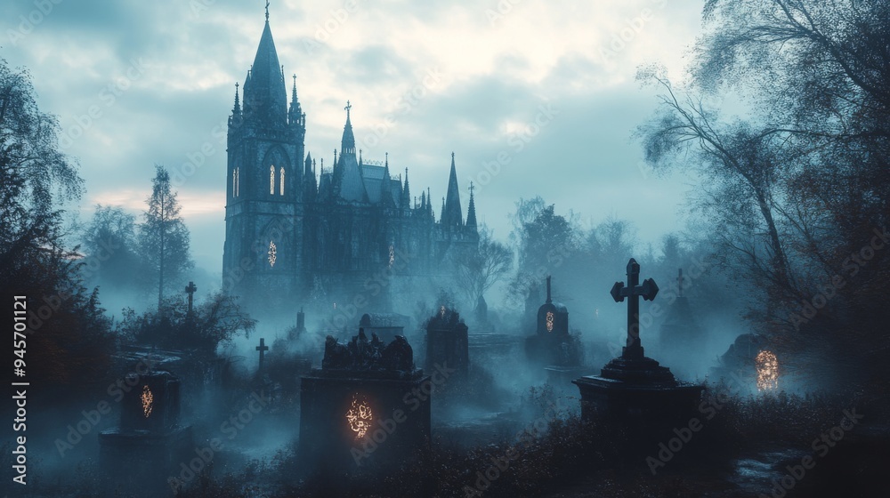 Fototapeta premium Gothic Cathedral and Foggy Graveyard at Duskgothic