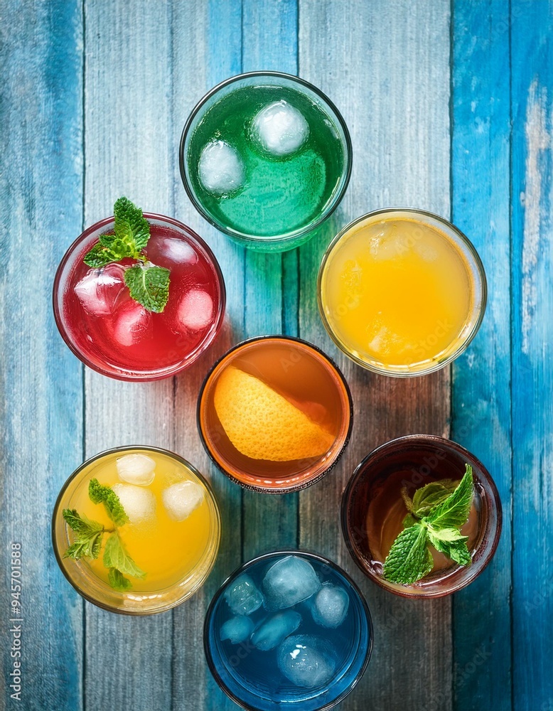Collection top view of glasses with Summer Soda colorful drinks menu