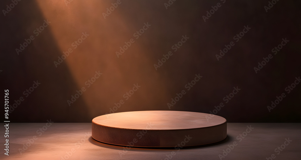 Photo of a Round Podium with Warm Lighting on an Empty Stage, Creating an Inviting and Professional Atmosphere, Ideal for Representing Themes of Public Speaking, Award Ceremonies, and Presentations in