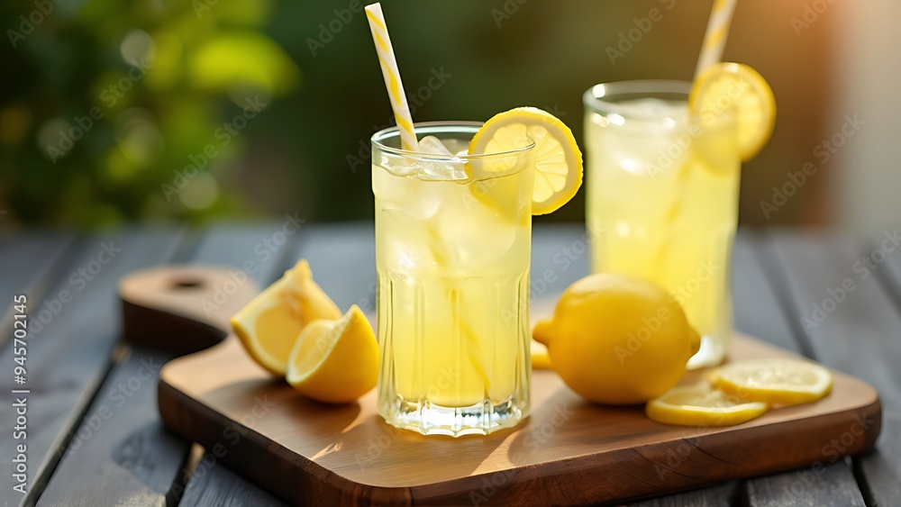 Fototapeta premium Sweet lemonades served with straws on wooden chopping board and table