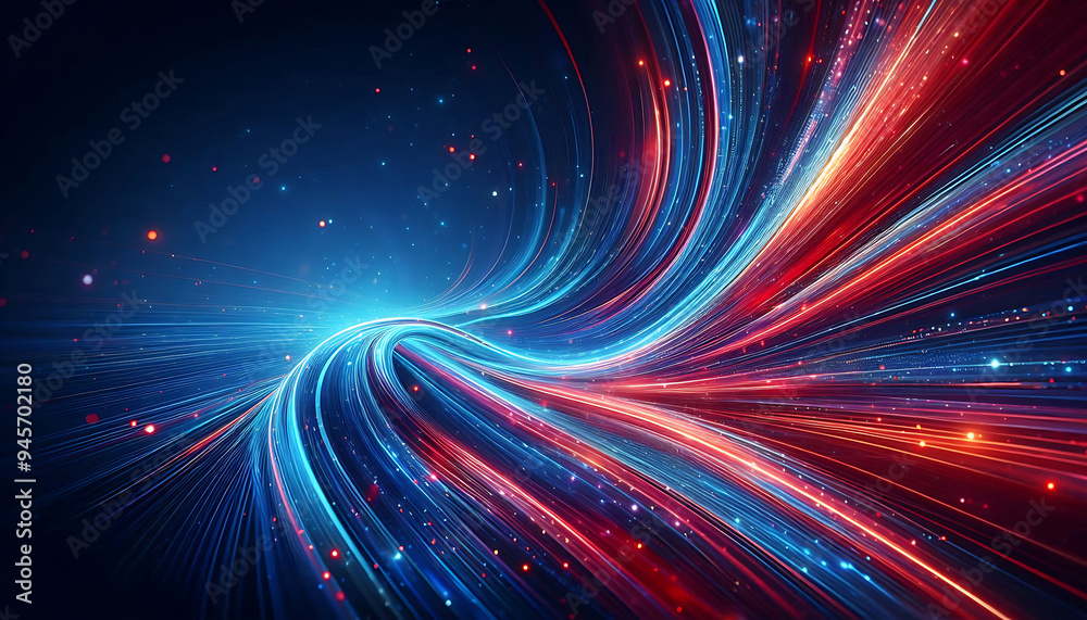 Obraz premium Abstract digital artwork featuring vibrant blue and red light trails swirling against a dark background with glowing dots that add depth and dimension to the design