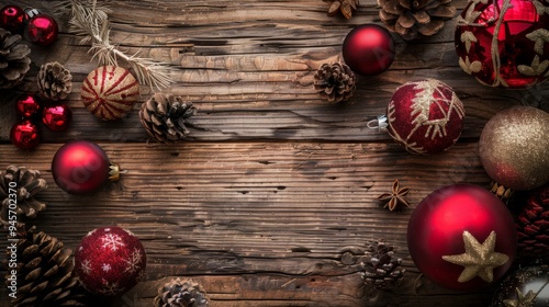 Rustic Christmas Background with Baubles and Pine Cones.