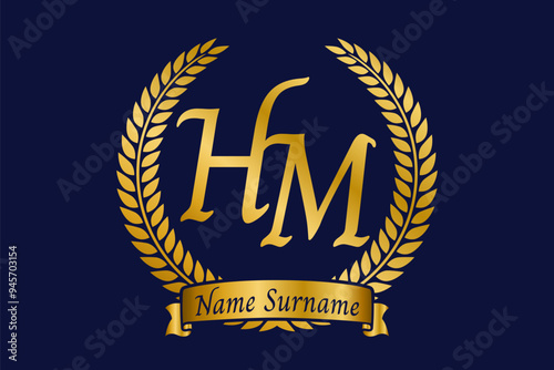 Initial letter H and M, HM monogram logo design with laurel wreath. Luxury golden calligraphy font.