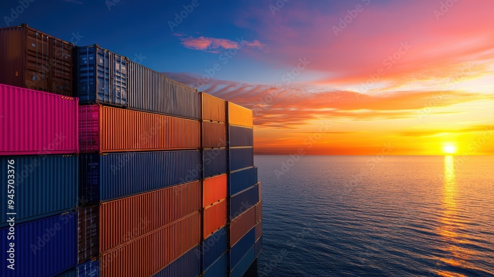 Fototapeta premium Shipping Containers at Sea at Dawn or Sunset with Colorful Sky and Calm Ocean
