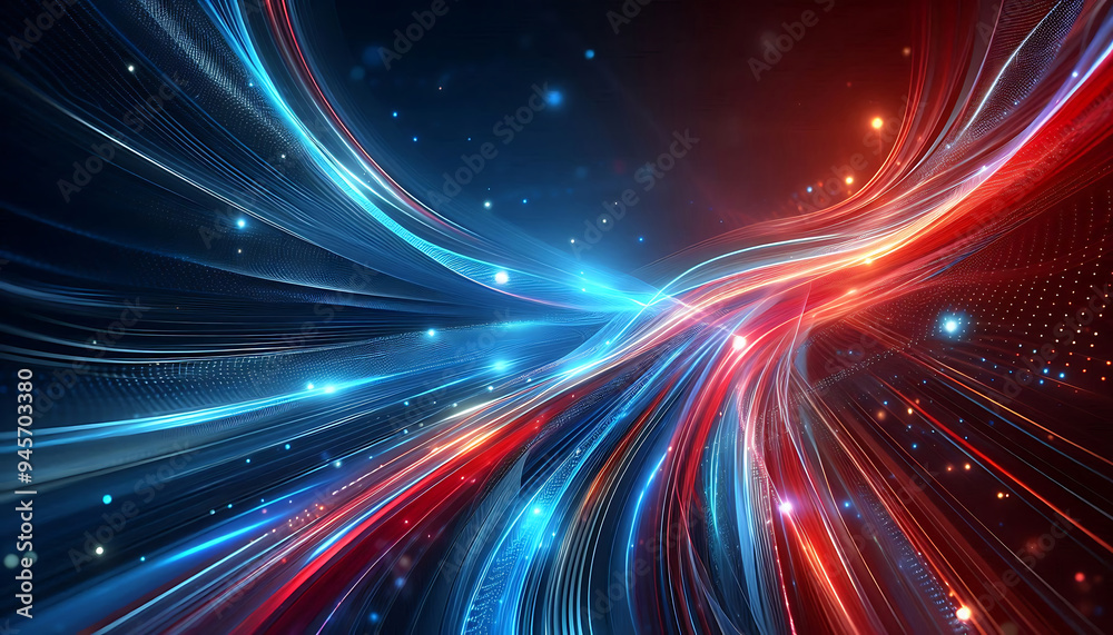 Obraz premium Abstract digital artwork featuring vibrant blue and red light trails swirling against a dark background with glowing dots that add depth and dimension to the design