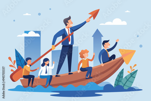 Leadership to lead team to the right direction, employee teamwork to help success, manager to motivate team or company to move forward concept, businessman manager lead people teamwork sailing arrow. 