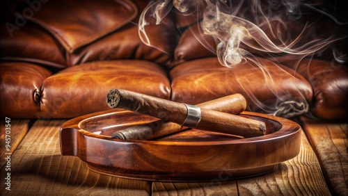 A delicately lit, hand-rolled cigar rests on a worn, wooden ashtray, surrounded by wisps of smoke, against a warm, rich, brown leather background. photo