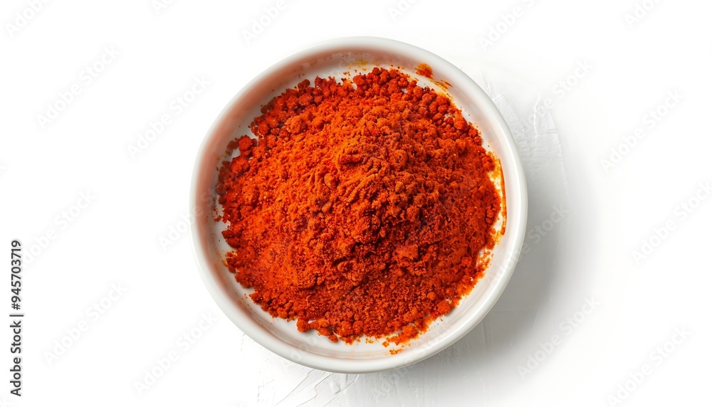 Bowl of paprika powder isolated on white background, top view Bowl of paprika powder isolated on white background, top view