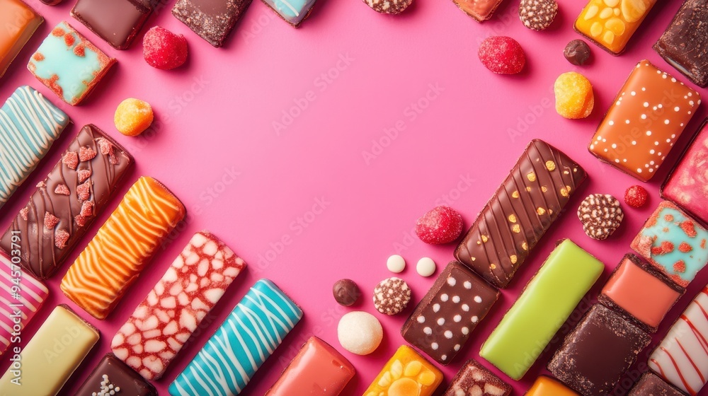 Sweet Temptations - Colorful Candy Bars Displayed in Flat Design Illustration with Copy Space Sweet Temptations - Colorful Candy Bars Displayed in Flat Design Illustration with Copy Space