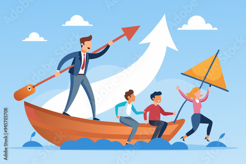Leadership to lead team to the right direction, employee teamwork to help success, manager to motivate team or company to move forward concept, businessman manager lead people teamwork sailing arrow. 