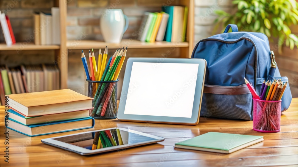 A digital tablet lies open on a wooden desk, surrounded by textbooks, pencils, and a backpack, creating a realistic school learning environment setup. A digital tablet lies open on a wooden desk, surrounded by textbooks, pencils, and a backpack, creating a realistic school learning environment setup.