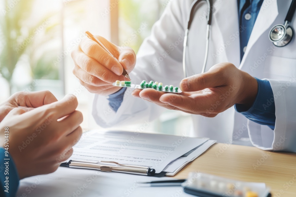 A doctor in a white coat and stethoscope giving a strip of green medicine pills to a patient's hands A doctor in a white coat and stethoscope giving a strip of green medicine pills to a patient's hands