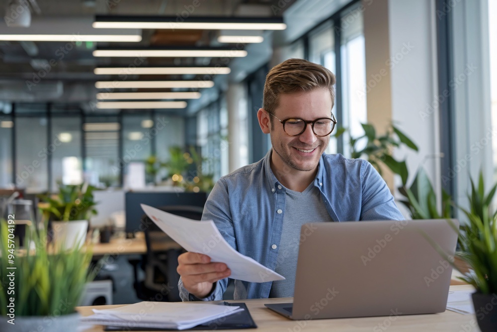 Smiling Businessman at Desk: A young businessman wearing glasses sits at a desk in a modern office, reviewing documents on a laptop with a happy and confident expression. He embodies a successful work Smiling Businessman at Desk: A young businessman wearing glasses sits at a desk in a modern office, reviewing documents on a laptop with a happy and confident expression. He embodies a successful work