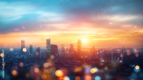 A soft, blurred cityscape background with a large, open space for text