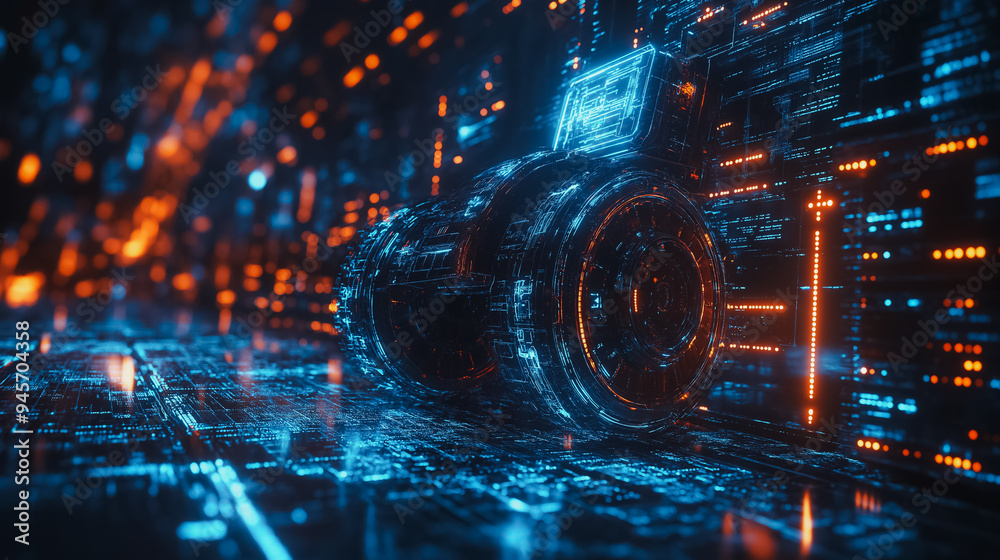 A futuristic cityscape with a blue and orange object in the foreground. The object is a car with a large wheel and a small head. The city is illuminated with bright lights, giving it a futuristic A futuristic cityscape with a blue and orange object in the foreground. The object is a car with a large wheel and a small head. The city is illuminated with bright lights, giving it a futuristic