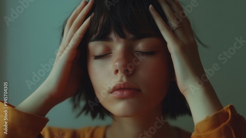 The young woman shows signs of stress and anxiety with her eyes closed and hands gently holding her head in a tranquil environment. Generative AI