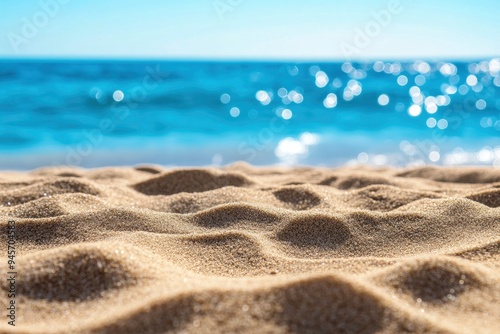 summer background of beach sand in the foreground and sea in the background , ai