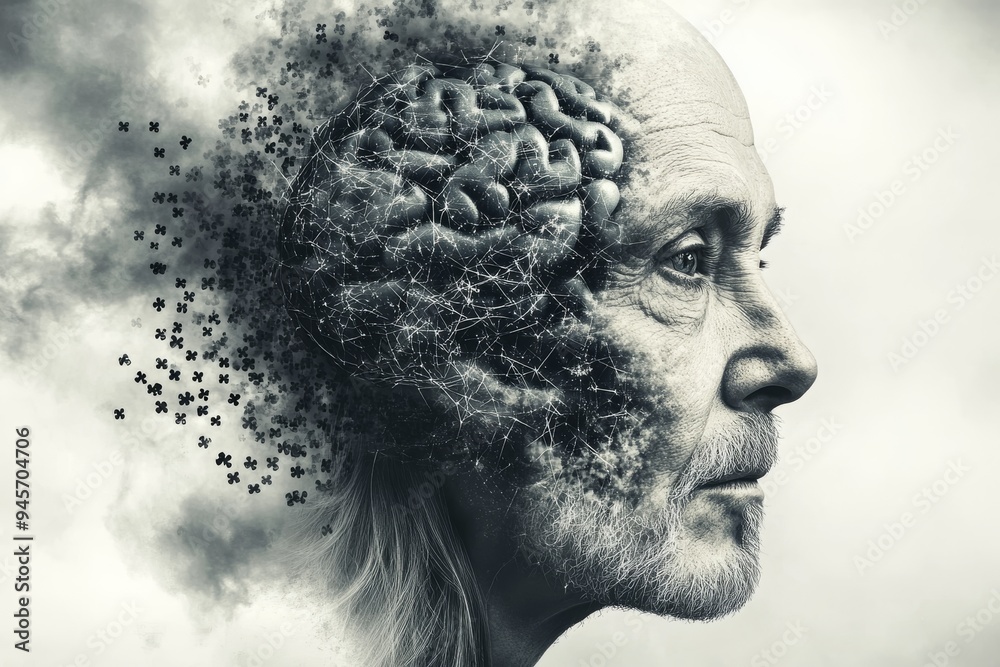 Abstract portrait of an elderly man with neural disintegration symbolizing the fragility of memory and cognitive decline in an expressive conceptual design Abstract portrait of an elderly man with neural disintegration symbolizing the fragility of memory and cognitive decline in an expressive conceptual design