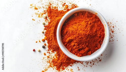 Bowl of paprika powder isolated on white background, top view
