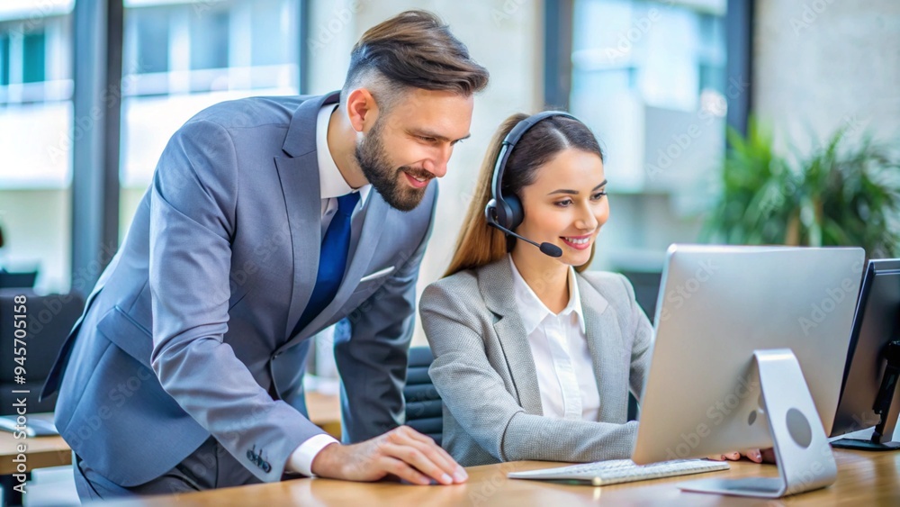 A call center supervisor coaching a new employee.
A call center supervisor coaching a new employee.