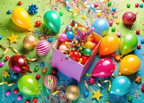 Vibrant confetti, balloons, and streamers spill out of a colorful party decorations box, surrounded by scattered glitter and festive tableware, evoking joy and celebration. photo