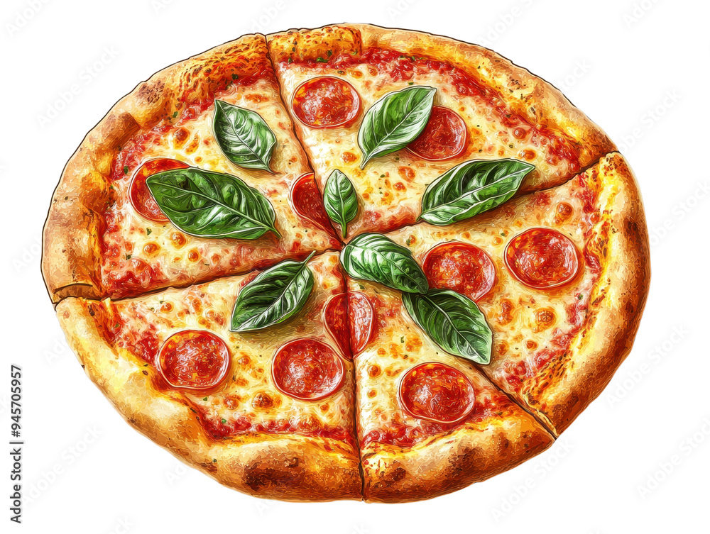Delicious pizza topped with pepperoni and fresh basil, perfect for any meal or celebration. Delicious pizza topped with pepperoni and fresh basil, perfect for any meal or celebration.