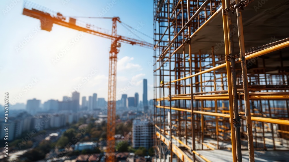 A modern construction site featuring a crane and scaffolding against a city skyline, illustrating urban development and progress. A modern construction site featuring a crane and scaffolding against a city skyline, illustrating urban development and progress.