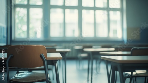 An empty classroom with chairs and tables in the foreground, with a blurred background of a school building. photo