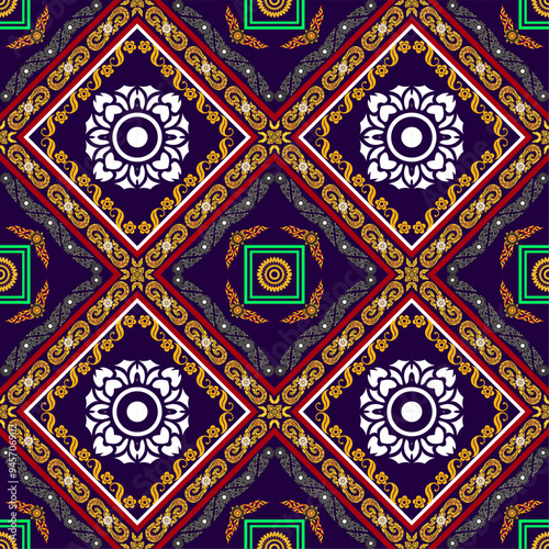 Geometric floral pattern tiles adorn the wall, a traditional Thai architectural decor