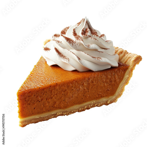 Delicious slice of pumpkin pie topped with whipped cream, perfect for fall desserts and festive celebrations.