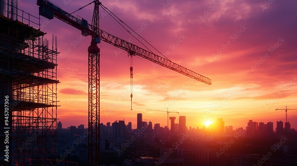 Silhouette of construction cranes against a vibrant sunset, showcasing a bustling city skyline under a colorful sky. Silhouette of construction cranes against a vibrant sunset, showcasing a bustling city skyline under a colorful sky.