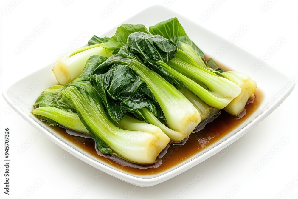 A plate of bok choy in soy sauce, showcasing a vibrant and healthy dish. A plate of bok choy in soy sauce, showcasing a vibrant and healthy dish.