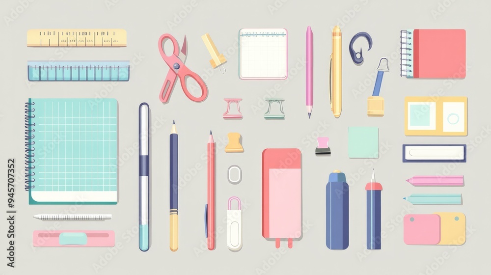 Colorful and cute stationery set in a flat design, with items like a notebook, pen, pencil, ruler, paper clip, sticky notes, push pin, highlighter, glue, eraser, and scissors arranged neatly. Colorful and cute stationery set in a flat design, with items like a notebook, pen, pencil, ruler, paper clip, sticky notes, push pin, highlighter, glue, eraser, and scissors arranged neatly.