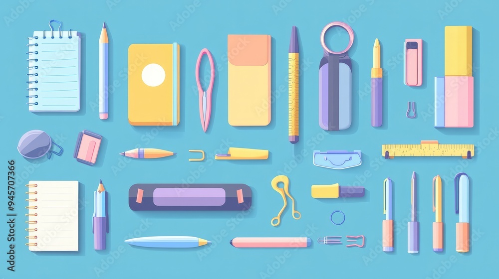Colorful and cute stationery set in a flat design, with items like a notebook, pen, pencil, ruler, paper clip, sticky notes, push pin, highlighter, glue, eraser, and scissors arranged neatly. Colorful and cute stationery set in a flat design, with items like a notebook, pen, pencil, ruler, paper clip, sticky notes, push pin, highlighter, glue, eraser, and scissors arranged neatly.